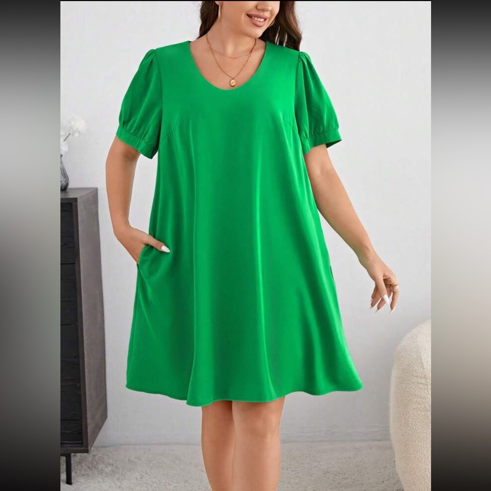 BRAND NEW Plus solid Puff Sleeve Hidden Pocket Dress